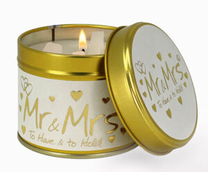 Mr and Mrs Scented Candle Tin lily flame