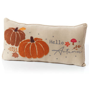 Hello Autumn Fabric Cushion With Appliqued Pumpkin and Mushroom Embroidery Detailing - Langs