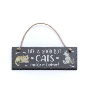 'Life Is Good But Cats Make It Better' Slate Hanging Plaque - Langs